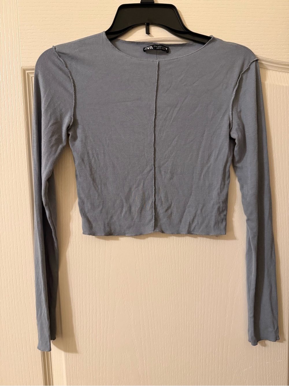 Zara Light Blue Soft Long-Sleeve Cropped Crew Top